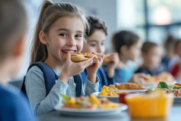Children are happily eating and chatting together at colorful tables in a lively cafeteria atmosphere filled with warmth and laughter.